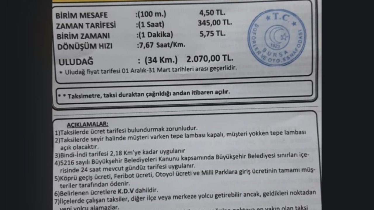 Bursa’da taksi ücretlerine zam: Yeni tarife belli oldu