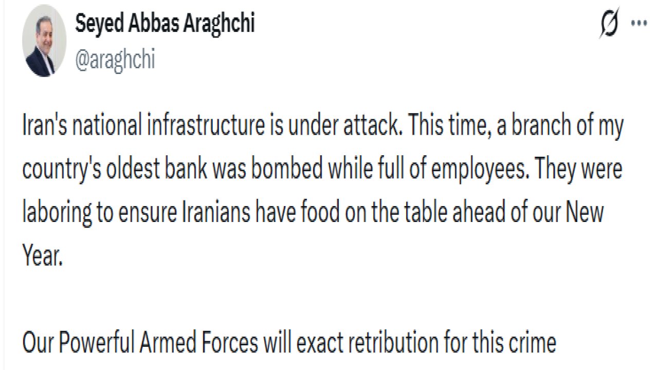 İran Dışişleri Bakanı Arakçi: "Çalışanlarla dolu bir banka bombalandı"