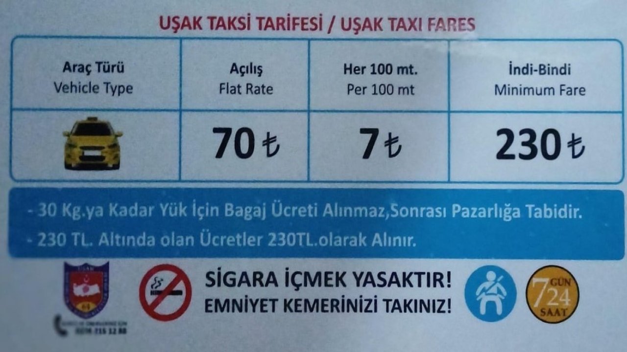 Uşak’ta taksi indi-bindi ücreti 230 TL oldu