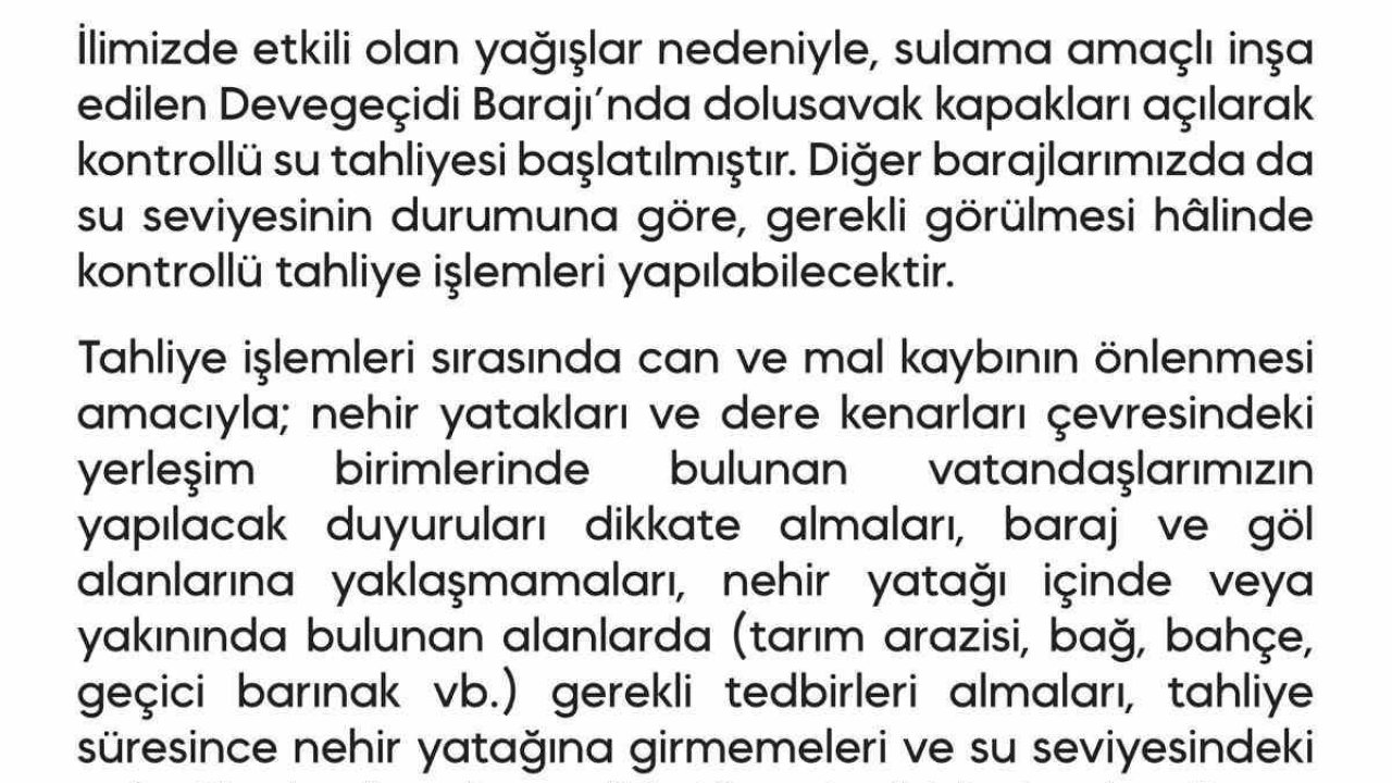 Devegeçidi Barajı’nda su tahliyesine başlandı