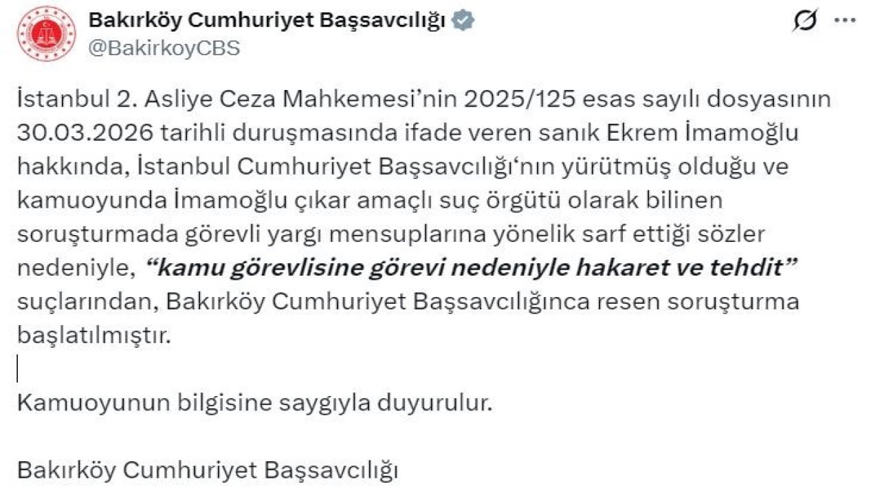Ekrem İmamoğlu, hakkında "hakaret ve tehdit" suçlarından soruşturma başlatıldı