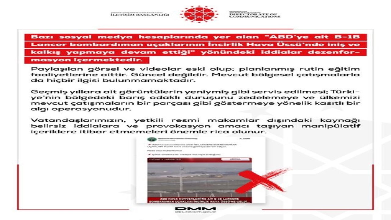 DMM’den ABD’ye ait bombardıman uçaklarının İncirlik Üssü’nü kullandığı iddialarına yalanlama