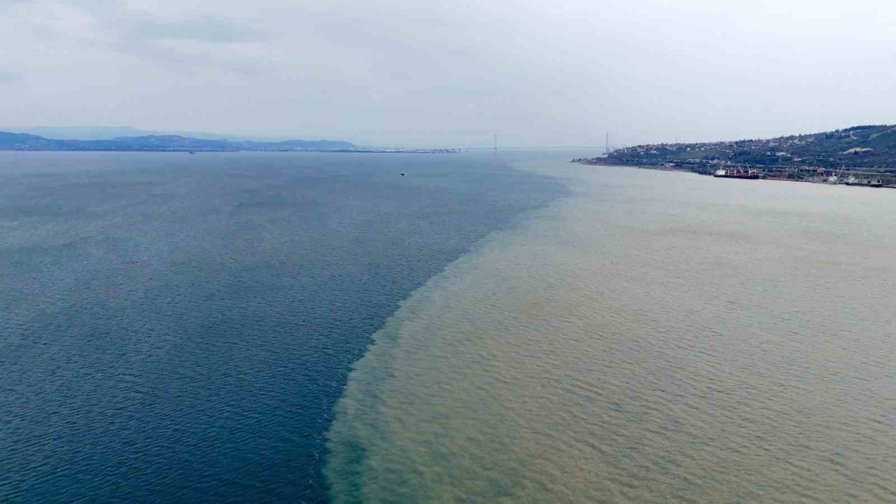İzmit Körfezi iki renk oldu: Derenin taşıdığı çamur denizin rengini değiştirdi