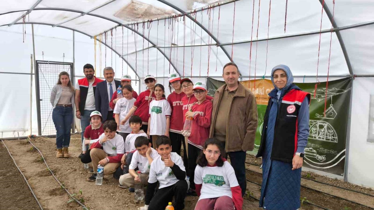 Demirkent TOKİ İlkokulu’nda öğrenciler serada fide dikti