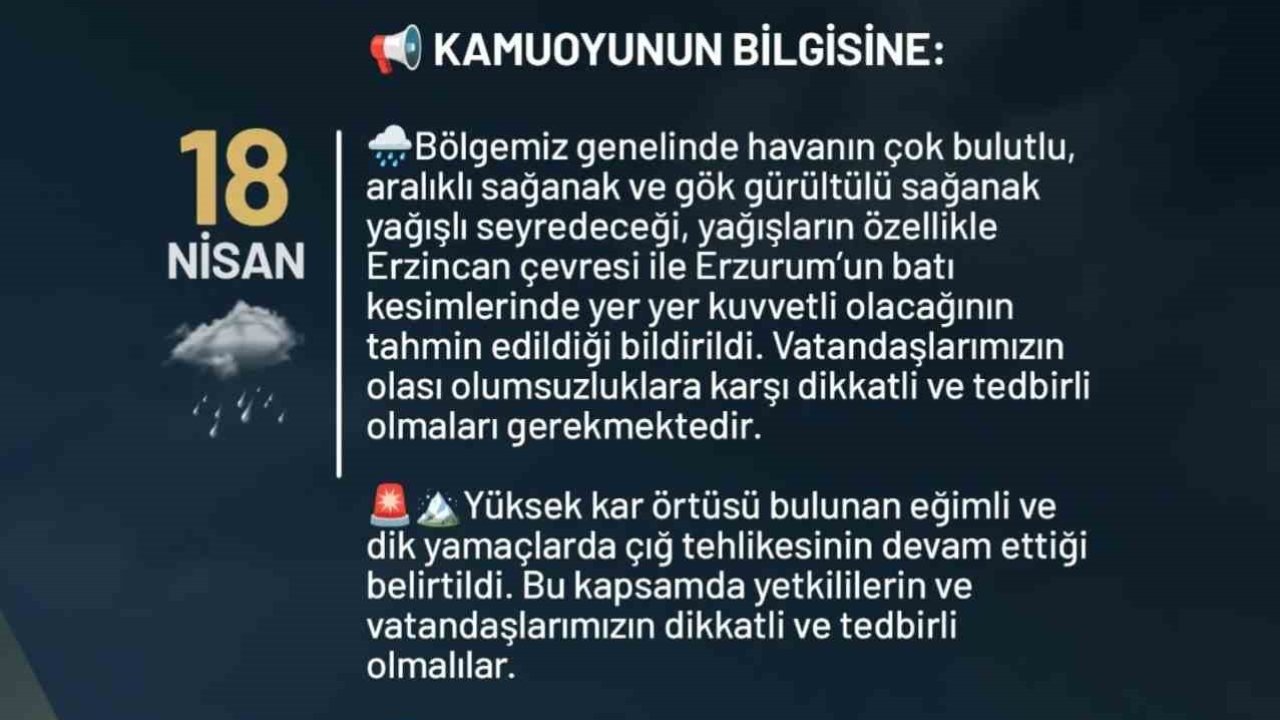 Erzurum Valiliğinden kuvvetli yağış uyarısı