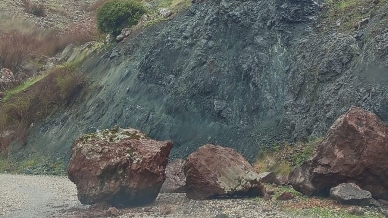 Sincik’te kuvvetli yağış sonrası köy yoluna kaya düştü