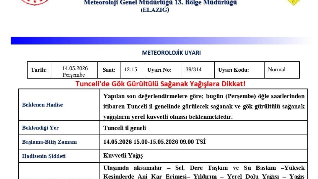 Tunceli için sağanak yağış uyarısı