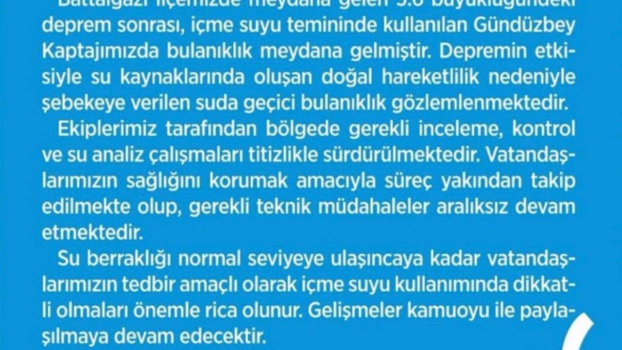 Malatya’da deprem sonrası içme suyunda bulanıklık oldu