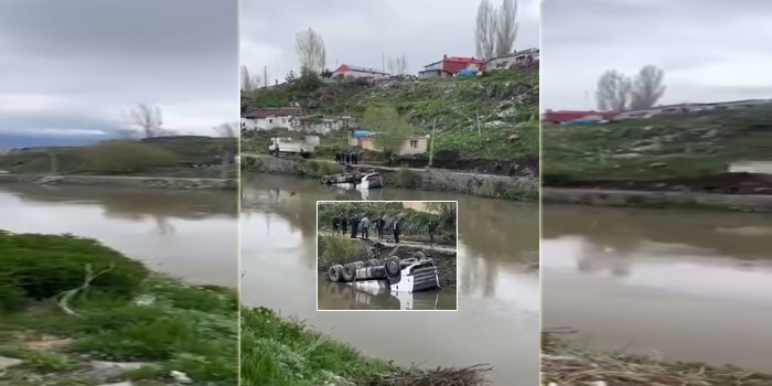 Kars'ta  İş Makinesi Çaya Devrildi