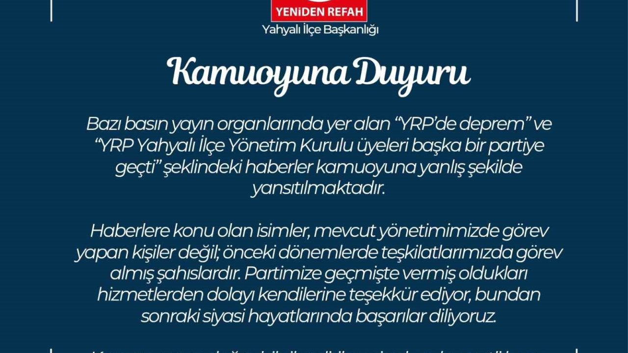 YRP Kayseri İl Başkanlığı’ndan kamuoyu açıklaması
