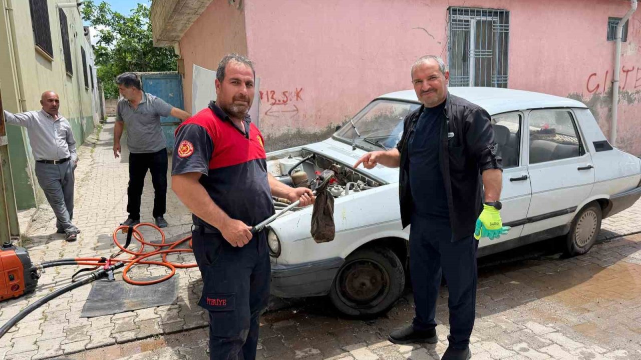 Otomobilin motoruna giren yılanı itfaiye çıkardı