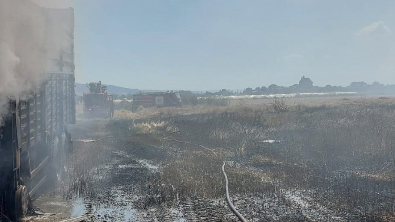 Köşk’te kamyon küle döndü, ekinler yandı