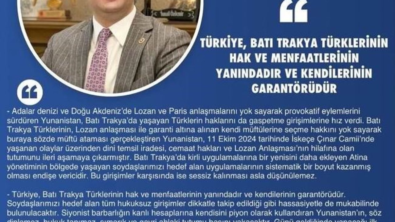 MHP’li Özdemir: "Türkiye, Batı Trakya Türklerinin hak ve menfaatlerinin yanındadır ve garantörüdür"