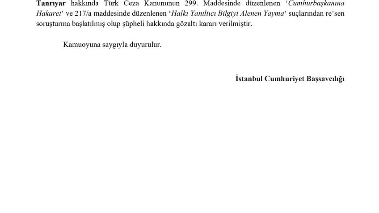Tamar Tanrıyar hakkında sosyal medya paylaşımları nedeniyle gözaltı kararı