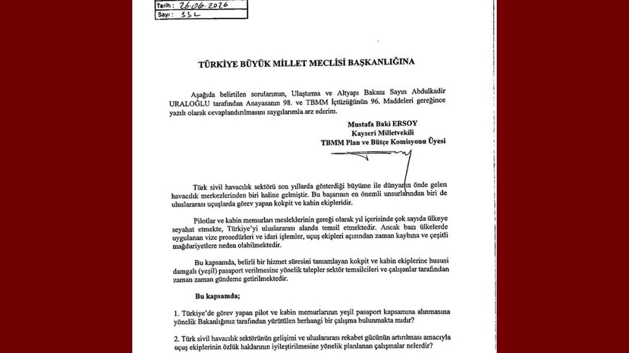 MHP’li Ersoy, kokpit ve kabin ekiplerinin yeşil pasaport talebini TBMM gündemine taşıdı