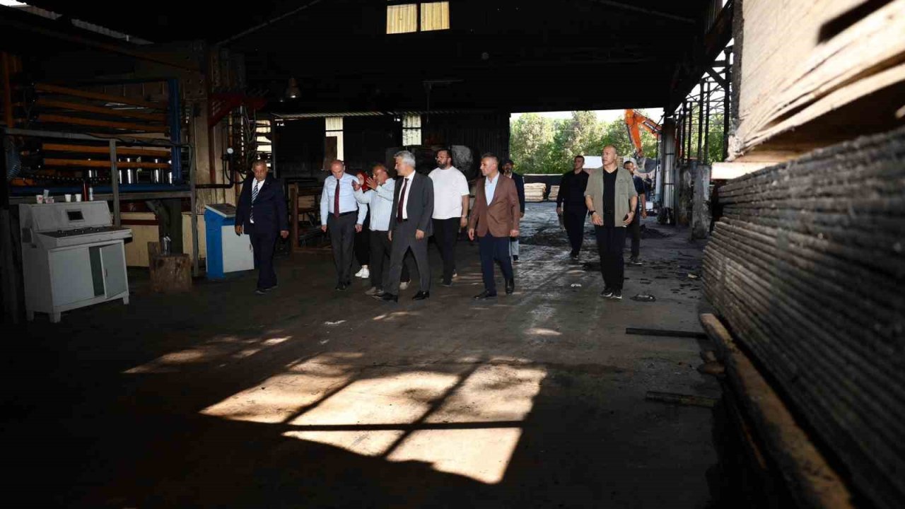 Yanan orman ürünleri fabrikasında inceleme
