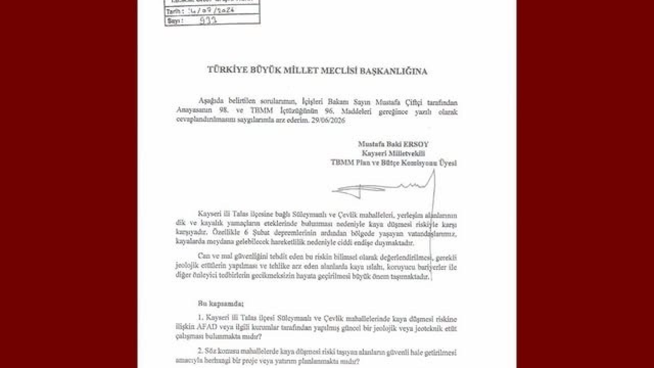MHP’li Ersoy, 2 mahalledeki kaya düşmesi riskini meclise taşıdı