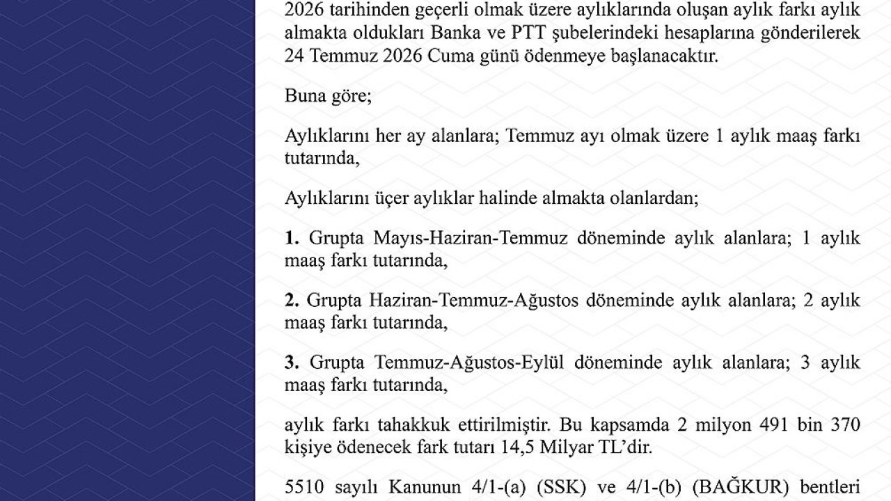 Emekli Sandığı kapsamındaki zam farkı ödemeleri 24 Temmuz’da başlayacak