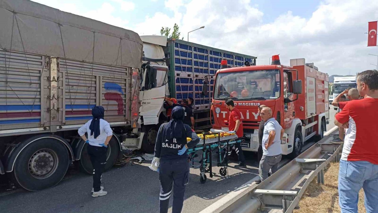 Tavuk yüklü tır, önündeki kamyona çarptı: 2 yaralı