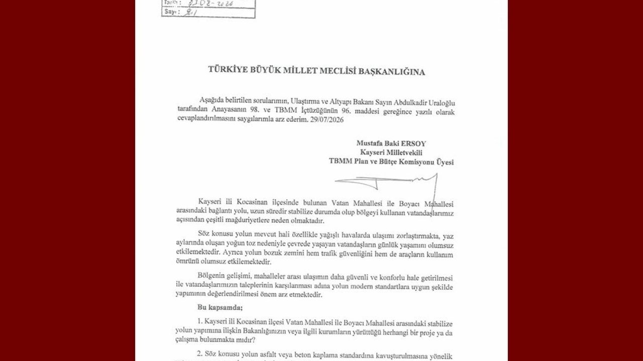 Baki Ersoy, Vatan Mahallesi-Boyacı Mahallesi Bağlantı Yolu’nu TBMM gündemine taşıdı