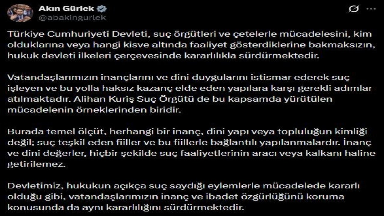 Bakan Gürlek: "İnanç ve dini değerler, hiçbir şekilde suç faaliyetlerinin aracı veya kalkanı haline getirilemez"