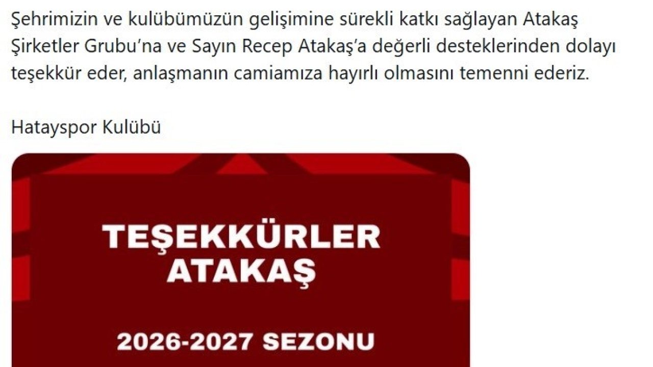 Atakaş Şirketler Grubu, Hatayspor’a sırt sponsoru oldu