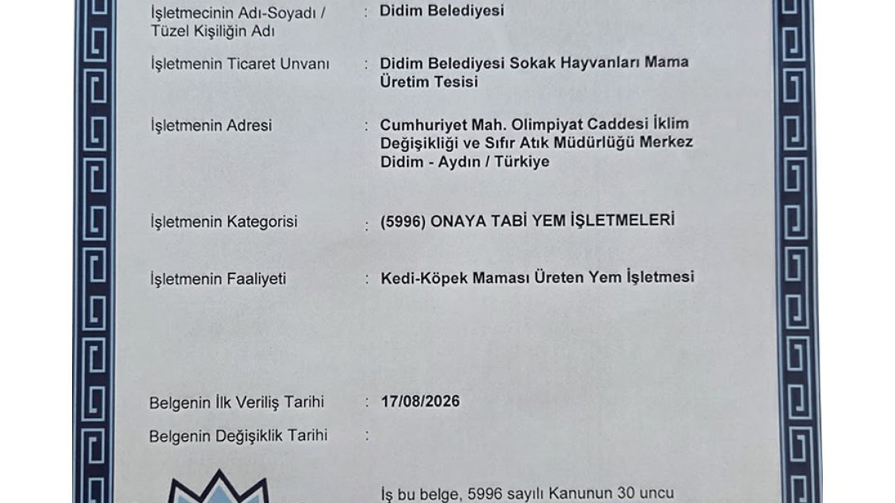 Didim’in mama üretim tesisine onay belgesi verildi