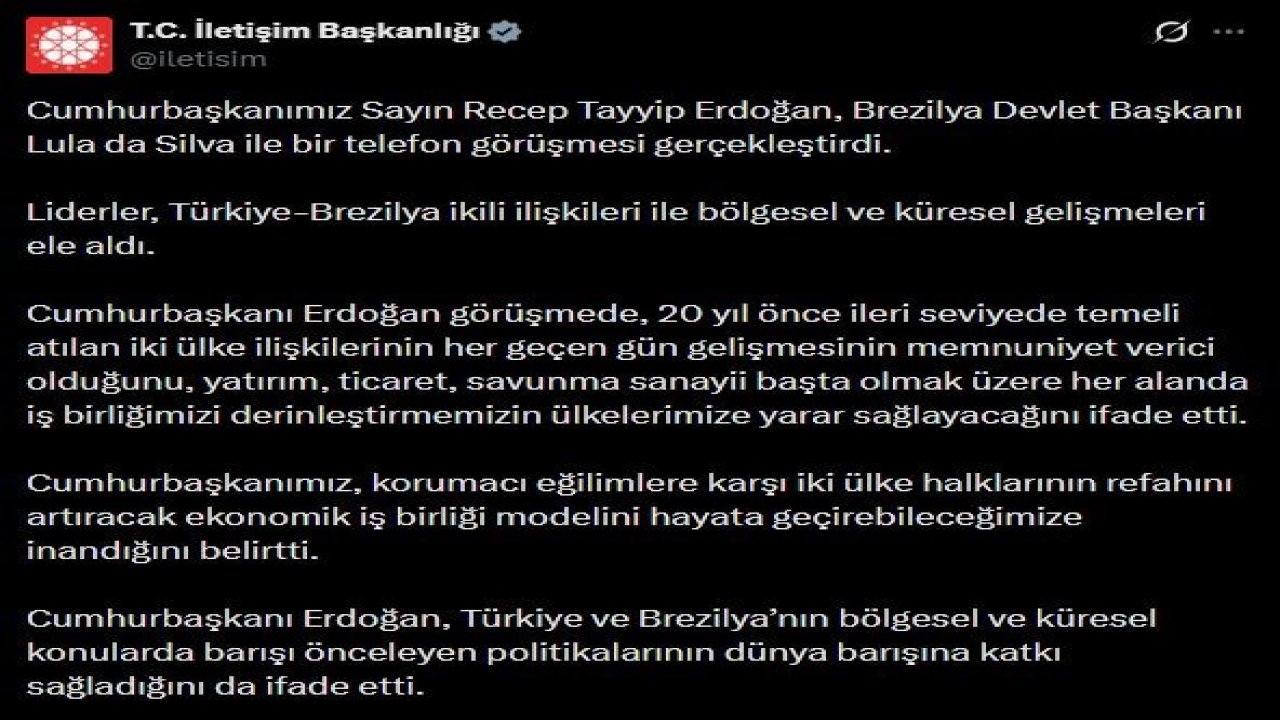 Cumhurbaşkanı Erdoğan, Brezilya Devlet Başkanı Silva ile telefonda görüştü