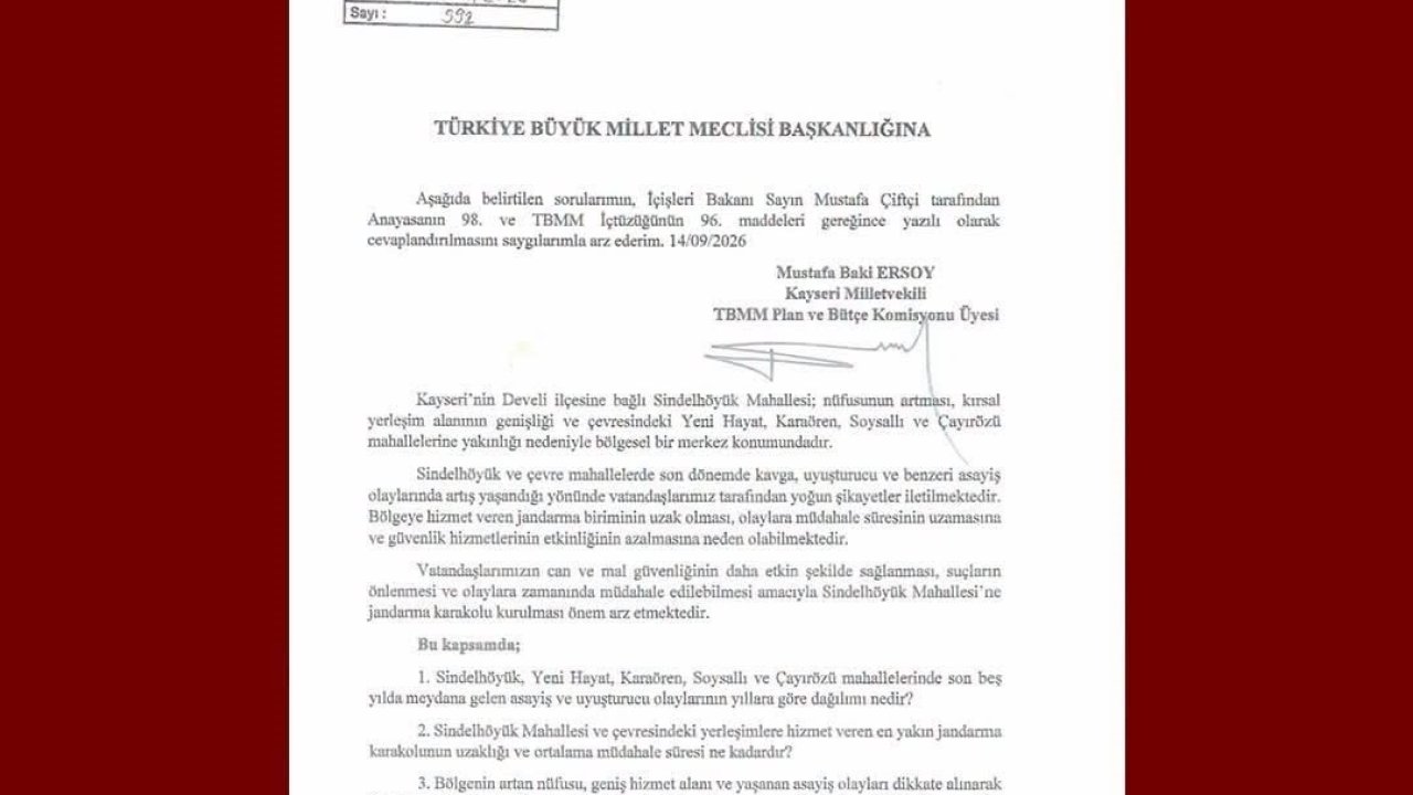 Baki Ersoy’dan Sindelhöyük Mahallesi’ne jandarma karakolu için soru önergesi