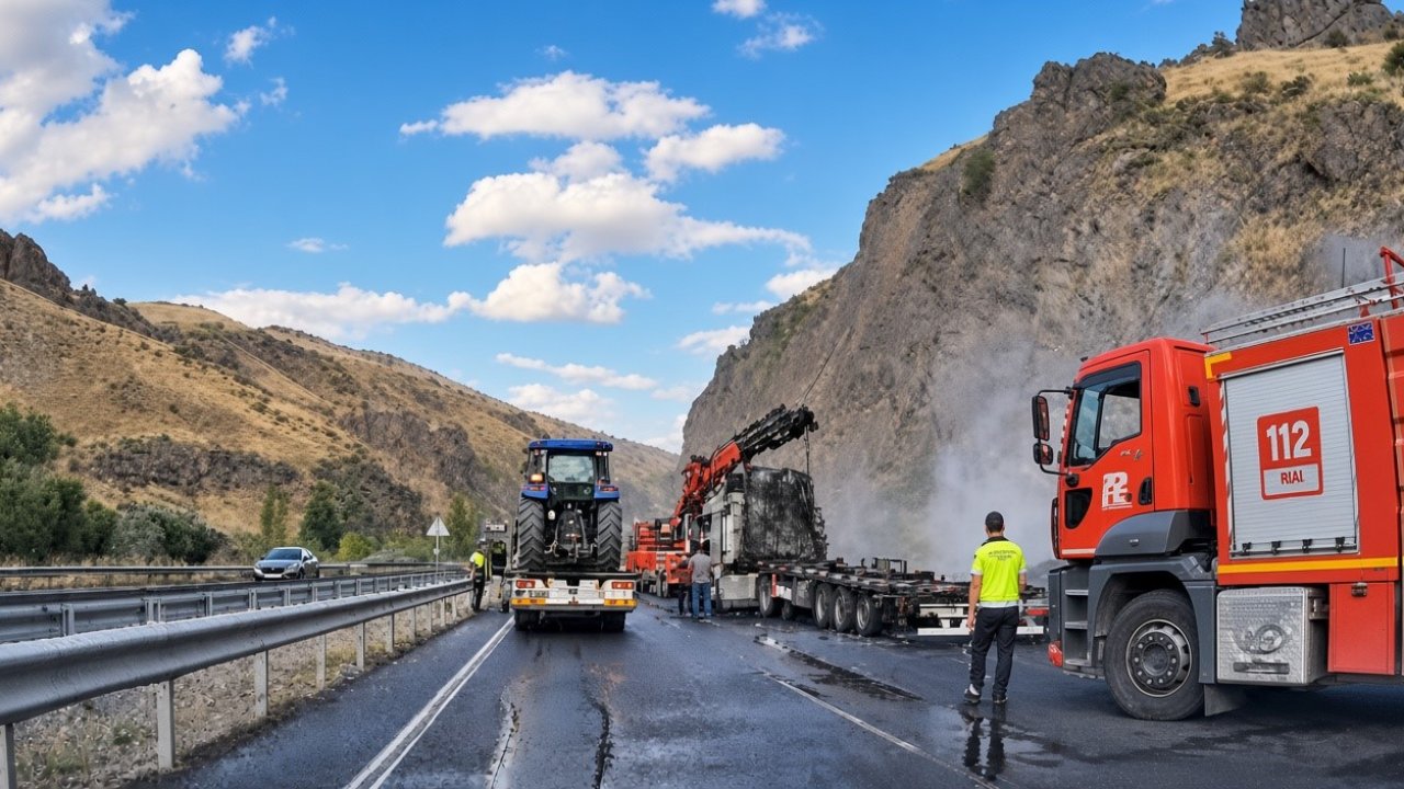 Erzincan-Erzurum kara yolunda hayvan yemi yüklü tır yandı