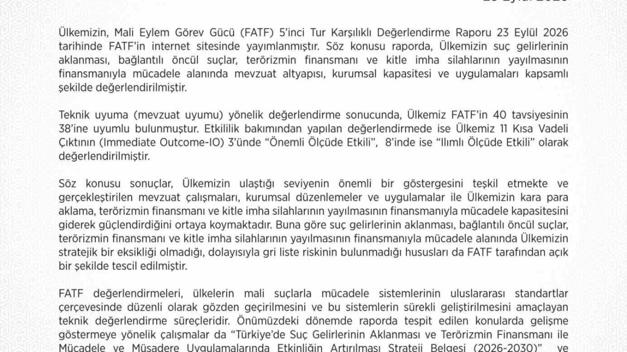 MASAK: "Ülkemiz FATF’in 40 tavsiyesinin 38’ine uyumlu bulunmuştur"