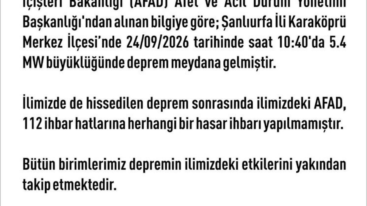 Elazığ Valiliği: "Herhangi bir hasar ihbarı yapılmamıştır"