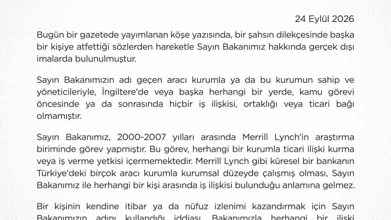Hazine ve Maliye Bakanlığından Bakan Şimşek hakkındaki iddialara yalanlama