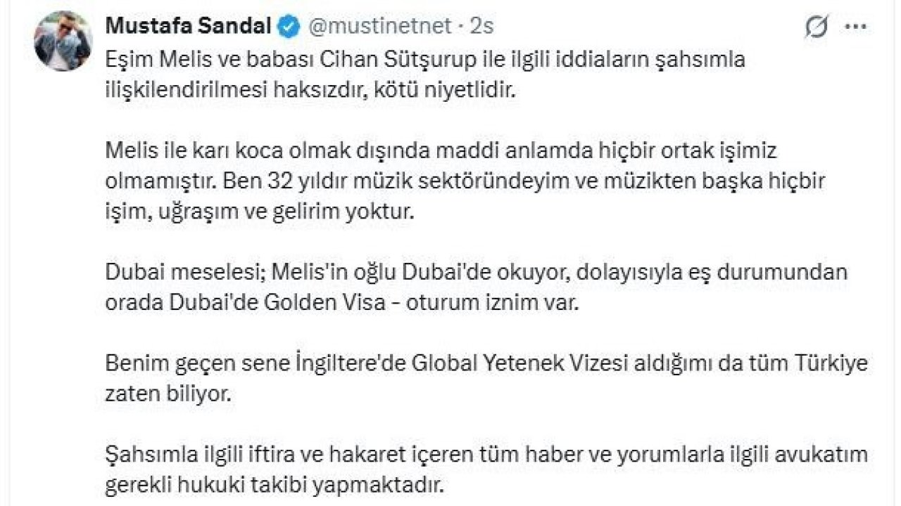 Mustafa Sandal: "Melis ile karı koca olmak dışında maddi anlamda hiçbir ortak işimiz olmamıştır"