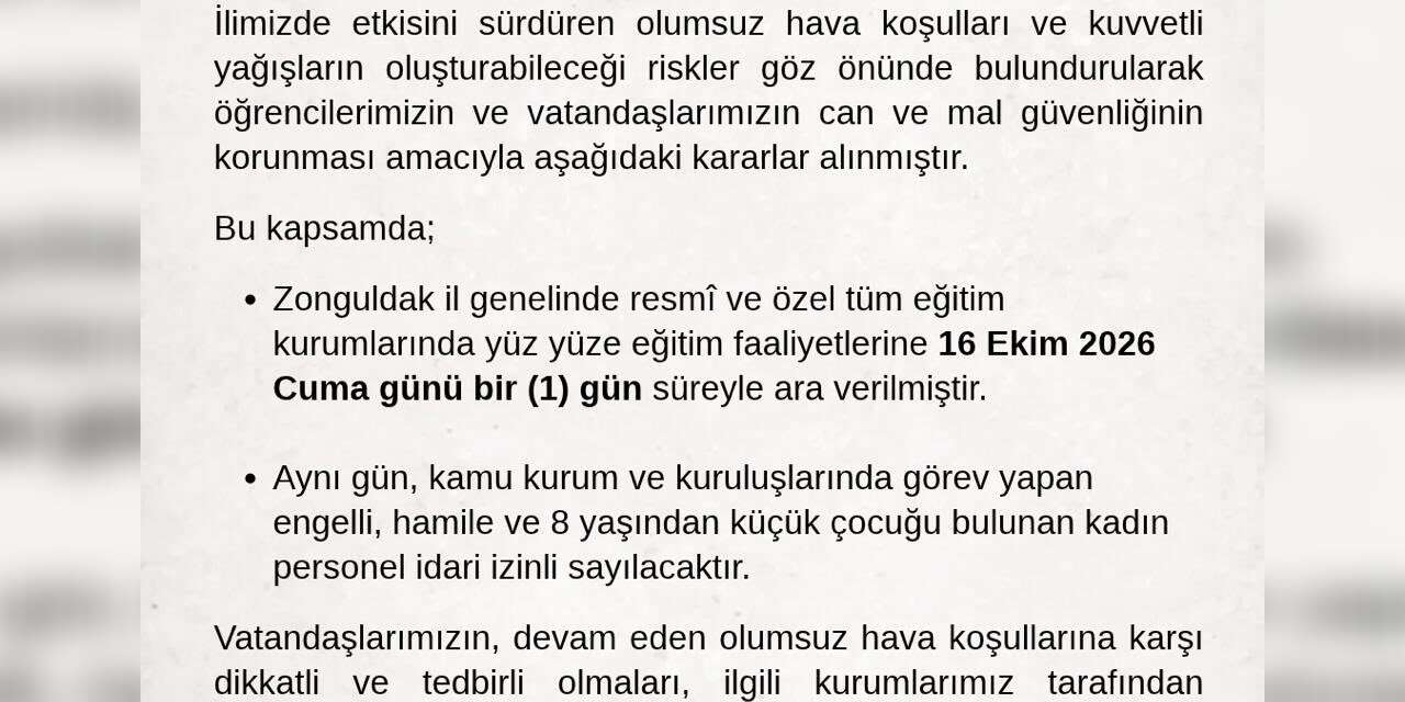 Zonguldak Valiliğinden yağış kararı: Okullara bir gün ara, bazı personele idari izin