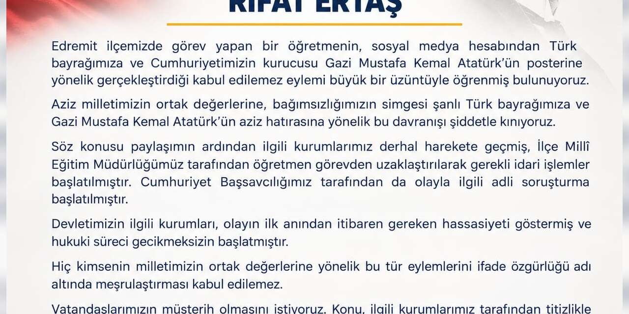 AK Parti Edremit İlçe Başkanı Rıfat Ertaş’tan kınama: "Milletimizin ortak değerlerine yönelik bu davranışı şiddetle kınıyoruz"