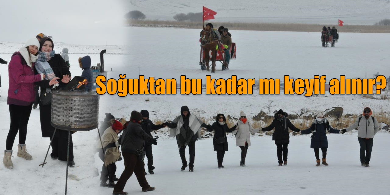 Kars’ta buz üstünde atlı kızakla gezdiler, soğuğa aldırış etmeden horon teptiler