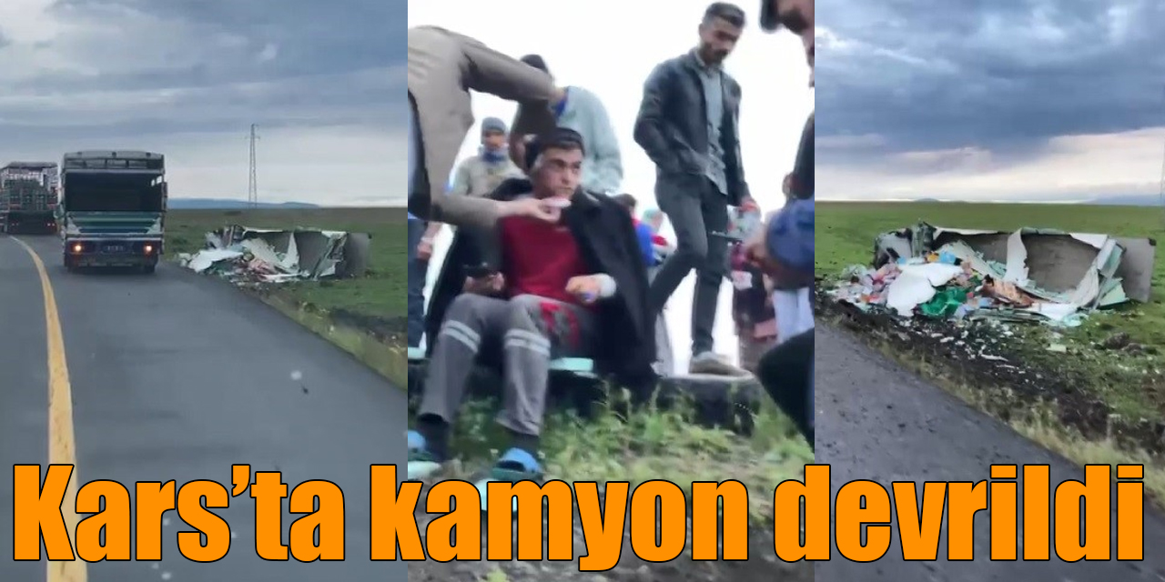 Kars’ta kamyon devrildi, gıda maddeleri etrafa savruldu