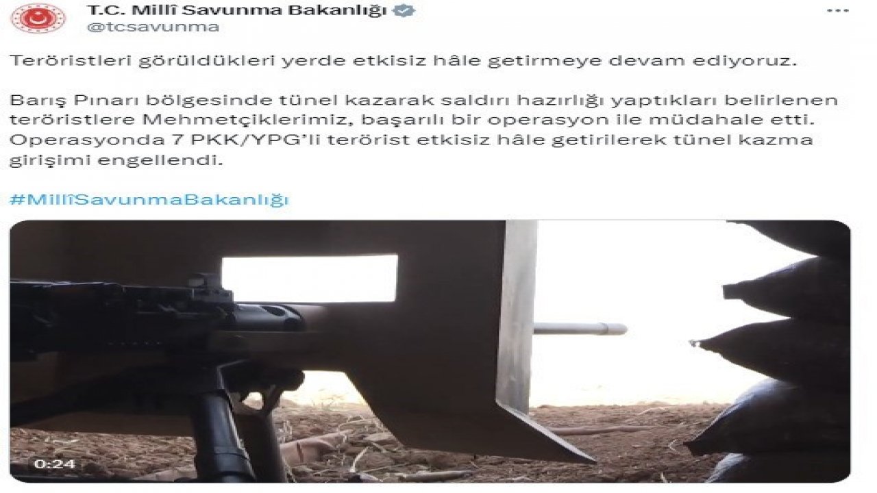 MSB: “Barış Pınarı bölgesinde 7 PKK’lı etkisiz hale getirildi”