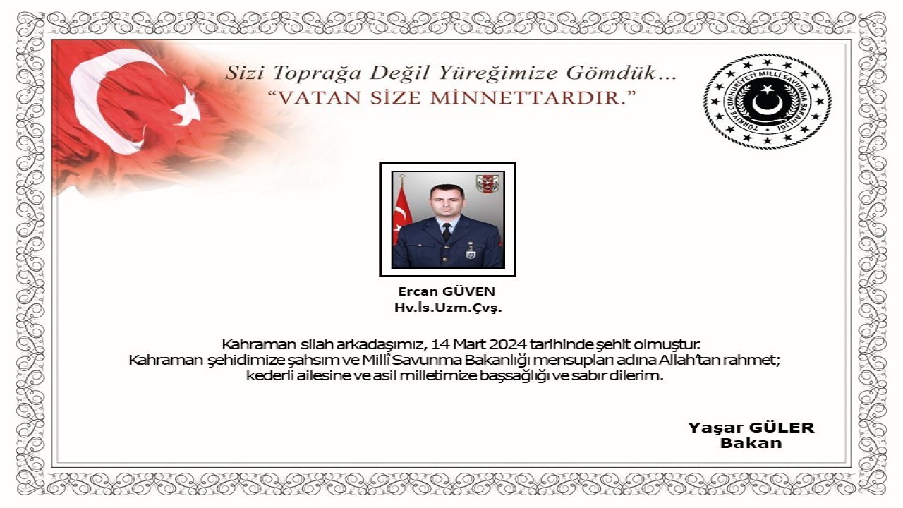 MSB’den Şehit Ercan Güven için başsağlığı mesajı