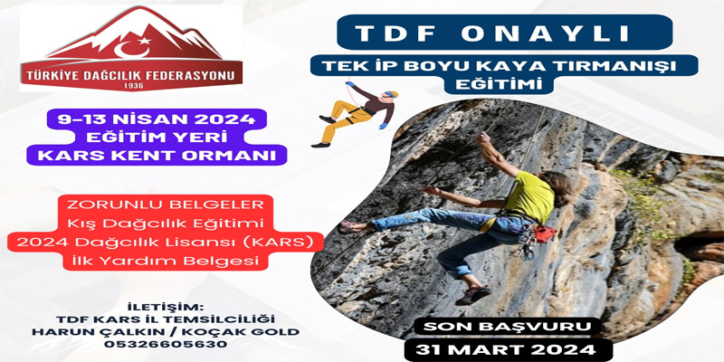 Türkiye Dağcılık Federasyonu (TDF) Kars İl Temsilciliği Tek İp Boylu KAYA TIRMANIŞI Eğitimi açıyor