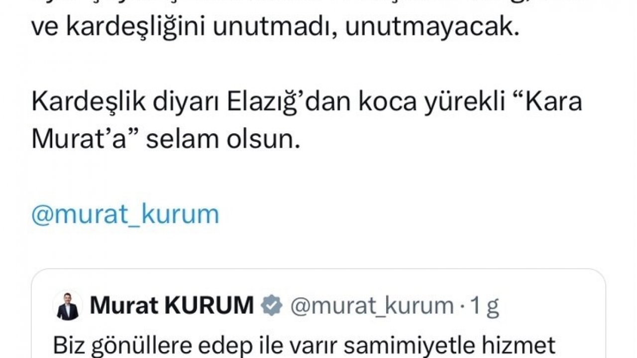 Başkan Şerifoğulları’ndan Murat Kurum’a: "Elazığ’dan koca yürekli Kara Murat’a selam olsun”