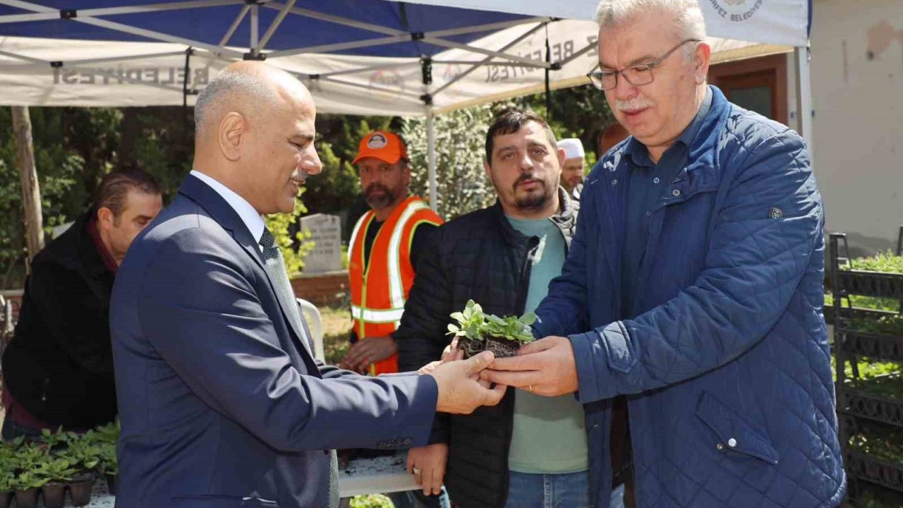 Körfez’de mezarlıklarda çiçek dağıtıldı