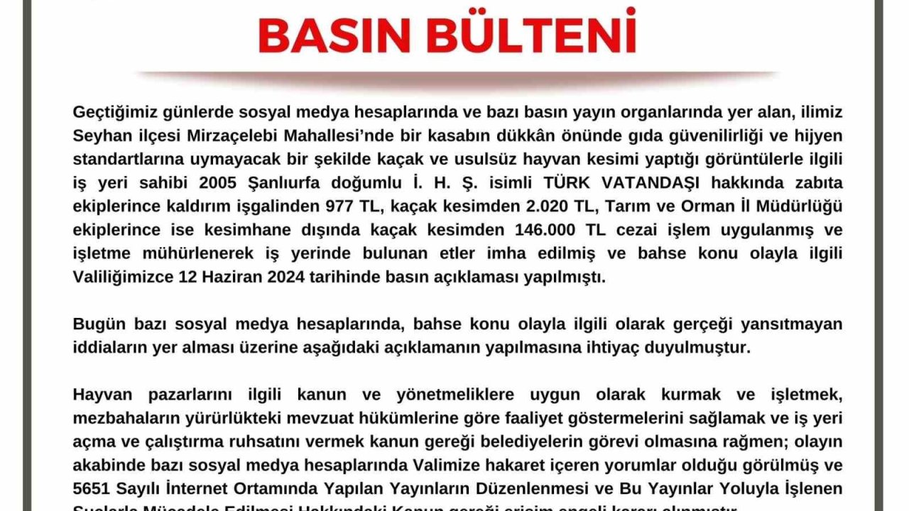 Adana Valiliği: "Kasapla ilgili gerekli cezalar uygulandı"