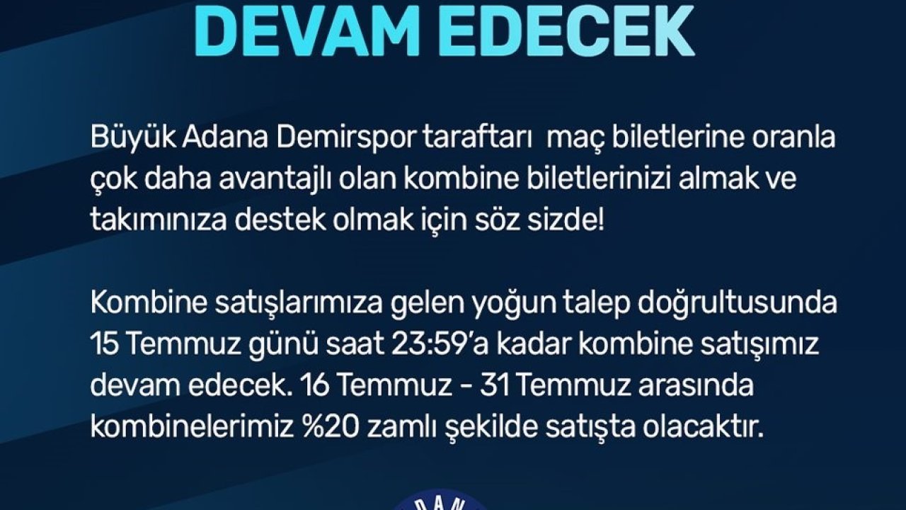 Adana Demirspor, 2024-2025 sezonu kombine satışını uzattı