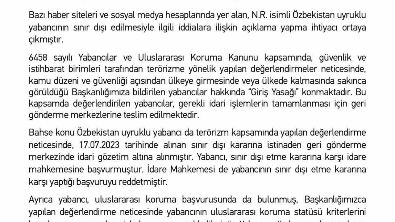 Göç İdaresi Başkanlığı: "Özbekistan uyruklu N.R. sınır dışı edildi"