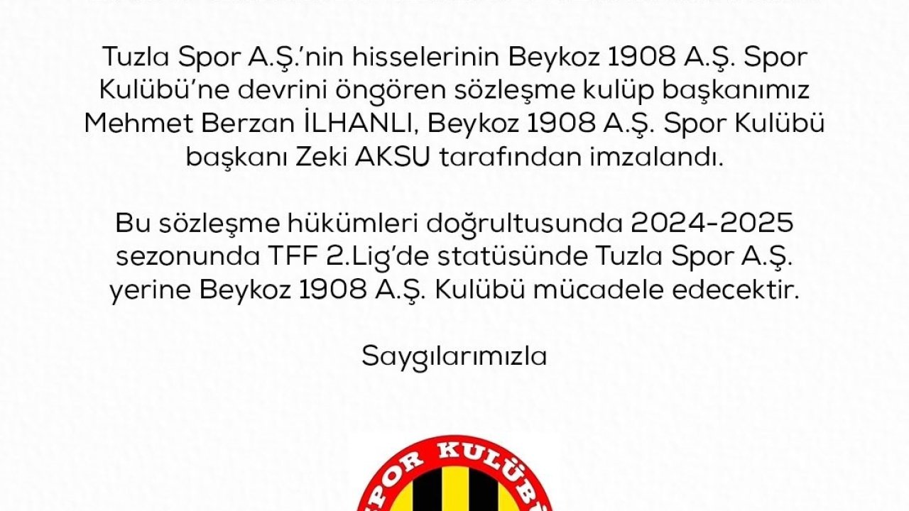 Tuzlaspor, hisselerini Beykoz 1908 SK’ya devrettiğini açıkladı