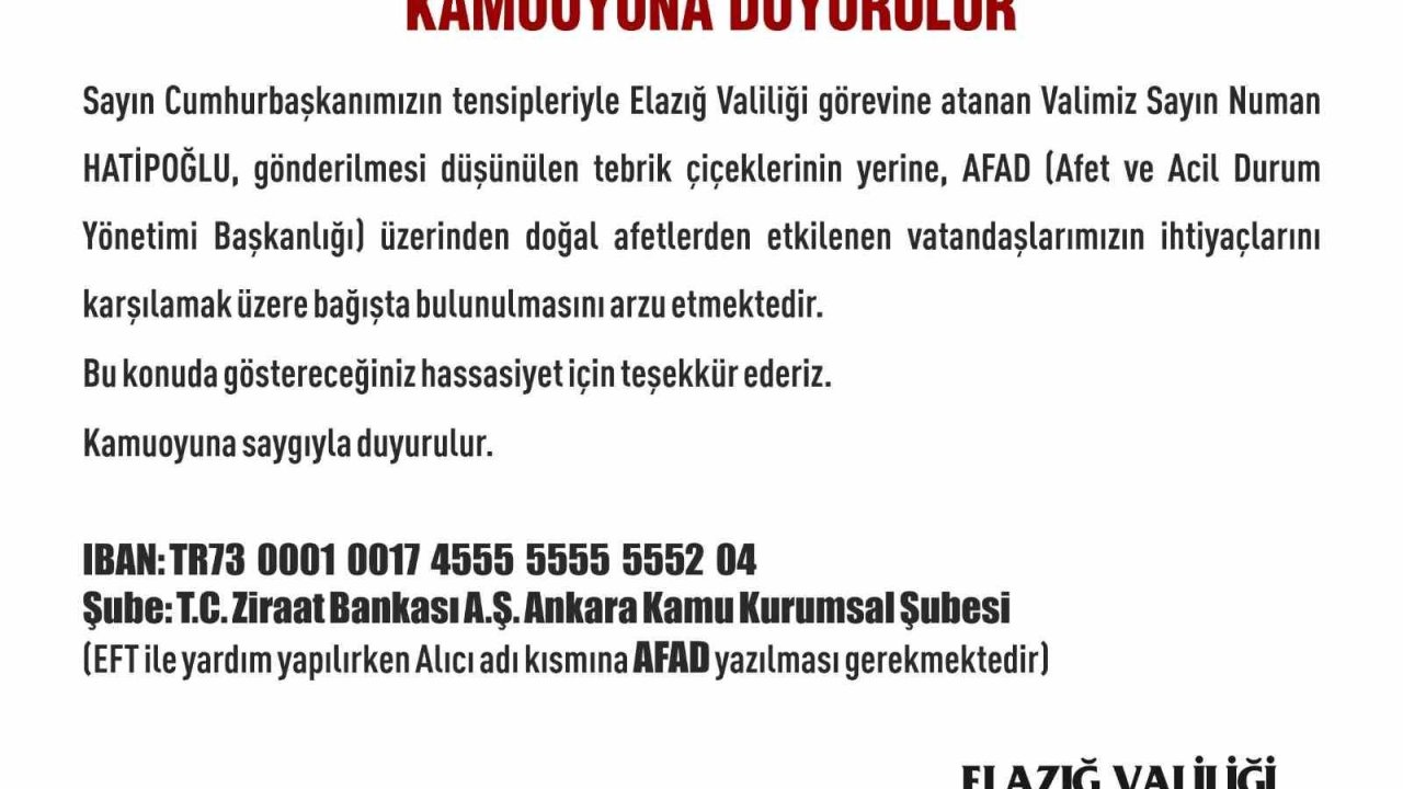 Elazığ’ın yeni Valisi Hatipoğlu, çiçek yerine AFAD’a bağışta bulunulmasını istedi