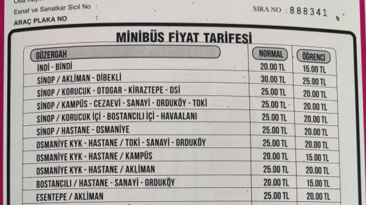 Sinop’ta toplu taşımaya zam