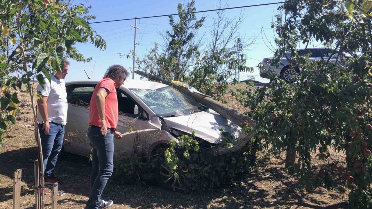 Önce direğe çarptı, sonra bağ evinin bahçesine daldı